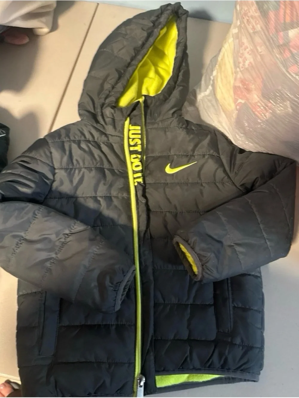 Nike Gray & Lime Hooded Kids Puffer Jacket